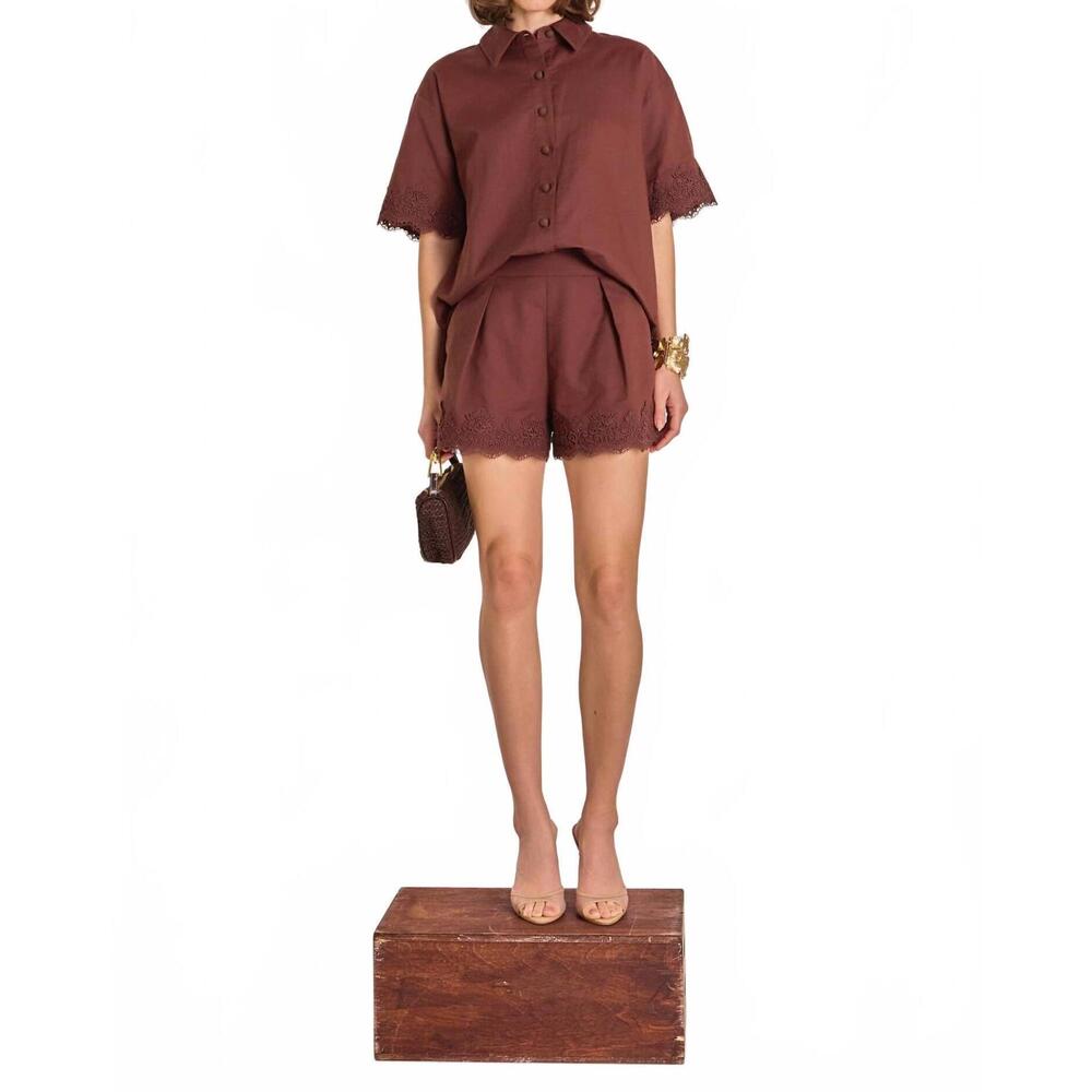 NEW ENGLISH FACTORY women's midnight lace linen shirt in chocolate brown - Picture 1 of 5